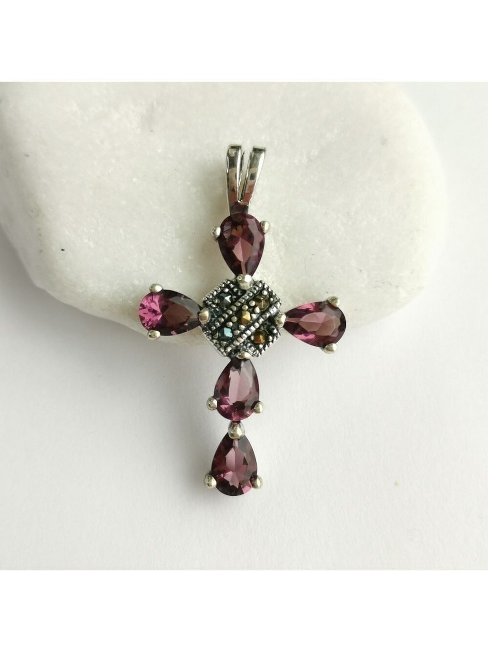 Amethyst Marcasite cross pendant in Sterling Silver